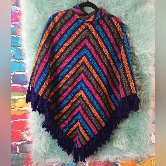 Multicolor striped one size fits most Fringe poncho. - Picture 5 of 11